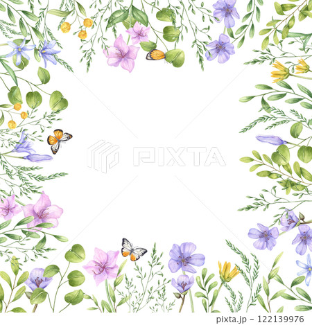 Watercolor spring flowers, eucalyptus branches, flying white orange butterflies hand painted square frame. Floral illustration with copy space for text. For Valentine day cards, invitation design Watercolor spring flowers, eucalyptus branches, flying white orange butterflies hand painted square frame. Floral illustration with copy space for text. For Valentine day cards, invitation design 122139976