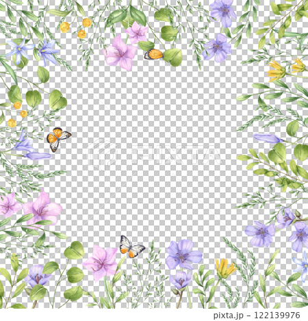 Watercolor spring flowers, eucalyptus branches, flying white orange butterflies hand painted square frame. Floral illustration with copy space for text. For Valentine day cards, invitation design Watercolor spring flowers, eucalyptus branches, flying white orange butterflies hand painted square frame. Floral illustration with copy space for text. For Valentine day cards, invitation design 122139976