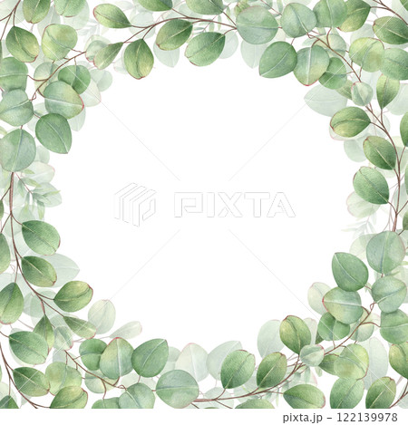 Watercolor green leaf eucalyptus branch square frame isolated background. Silver dollar greenery floral illustration with copy space for text. For wedding invitation, stationary, thank you card. Watercolor green leaf eucalyptus branch square frame isolated background. Silver dollar greenery floral illustration with copy space for text. For wedding invitation, stationary, thank you card. 122139978