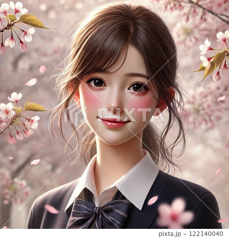 桜舞うなか優しく微笑む女子高校生 122140040