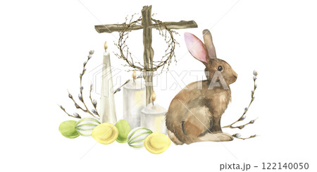 Easter watercolor clipart with wooden cross, wreath, white candles, colored Easter eggs, bunny watercolor illustration. Spring festive isolated with church symbol and rabbit for poster, concept design Easter watercolor clipart with wooden cross, wreath, white candles, colored Easter eggs, bunny watercolor illustration. Spring festive isolated with church symbol and rabbit for poster, concept design 122140050