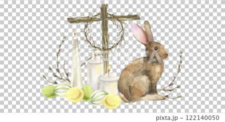 Easter watercolor clipart with wooden cross, wreath, white candles, colored Easter eggs, bunny watercolor illustration. Spring festive isolated with church symbol and rabbit for poster, concept design Easter watercolor clipart with wooden cross, wreath, white candles, colored Easter eggs, bunny watercolor illustration. Spring festive isolated with church symbol and rabbit for poster, concept design 122140050