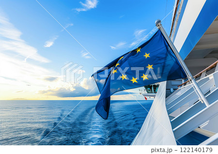 EU flag and cruise travel tour with blue sky. 122140179