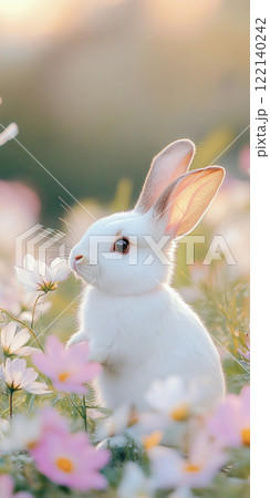 春の花とかわいいウサギ　AI画像 122140242