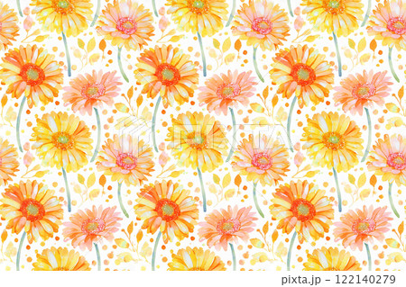 水彩画、黄色とオレンジのガーベラのシームレスパターン背景 122140279