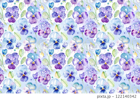 水彩画パンジーのシームレスパターン、水色の背景 水彩画パンジーのシームレスパターン、水色の背景 122140342