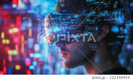 ヘッドセットによるバーチャルリアリティで見るデジタルの世界 122140454