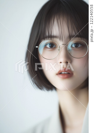丸メガネをかけた日本女性 122140558