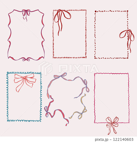 Vector frame set of blue and red bows. Hand-drawn gift bow isolated on white background. Holiday illustration for design, print, fabric or background. Vector frame set of blue and red bows. Hand-drawn gift bow isolated on white background. Holiday illustration for design, print, fabric or background. 122140603