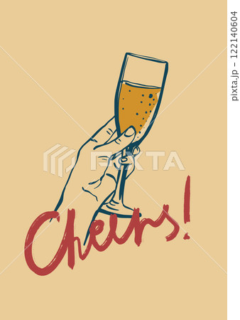 Vector alcohol poster with wine and hand-letter motivation phrase Cheers. Hand-drawn linear card isolated on beige background. Tasty wine illustration for design, print, fabric or background. 122140604