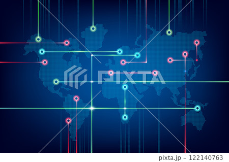 Abstract digital world map with interconnected points and glowing lines. International communication and data transfer. Abstract digital world map with interconnected points and glowing lines. International communication and data transfer. 122140763