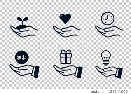 手のひらと色々なアイコンのシンプル素材セット 手のひらと色々なアイコンのシンプル素材セット 122141006