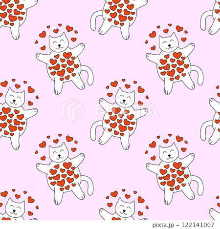 Seamless Pattern with Valentine day Cat character and hearts. Vector flat illustration. Seamless Pattern with Valentine day Cat character and hearts. Vector flat illustration. 122141007