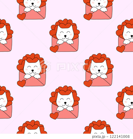 Seamless Pattern with Valentine day Cat sit in envelope. Vector flat illustration. 122141008