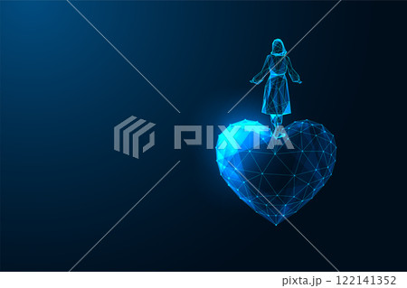 Woman silhouette stands on glowing polygonal heart on dark blue background. Love, self care, empathy 122141352