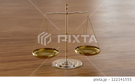 Scales of Justice. Golden balance scale on a wooden table. Sign of justice, lawyer. 3d rendering Scales of Justice. Golden balance scale on a wooden table. Sign of justice, lawyer. 3d rendering 122141555