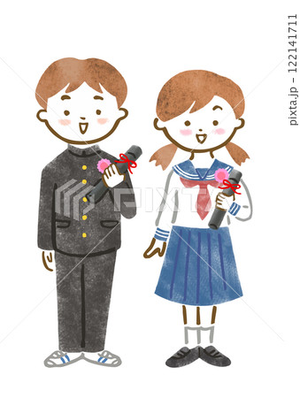 制服(学ラン、セーラー服)を着て卒業証書を持つ高生男女のイラスト 制服(学ラン、セーラー服)を着て卒業証書を持つ高生男女のイラスト 122141711