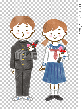 制服(学ラン、セーラー服)を着て卒業証書を持つ高生男女のイラスト 制服(学ラン、セーラー服)を着て卒業証書を持つ高生男女のイラスト 122141711