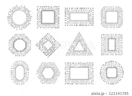 Cpu borders. Electronic chip stylized frames recent vector template of different shapes with micro scheme designs 122141785