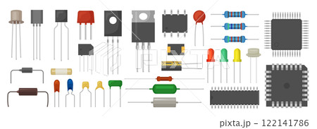 Electric micro elements. Transistors resistor and semiconductors equipment for electric hardware recent vector flat pictures set 122141786
