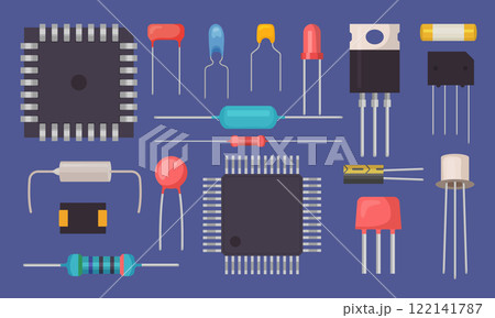 Electric components. Semiconductor transistor different microelements for electric hardware recent vector flat illustrations 122141787