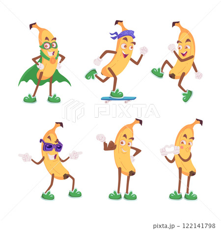 Banana characters. Funny cartoon fruit mascot in action poses and different emotions on cute face exact vector banana Banana characters. Funny cartoon fruit mascot in action poses and different emotions on cute face exact vector banana 122141798
