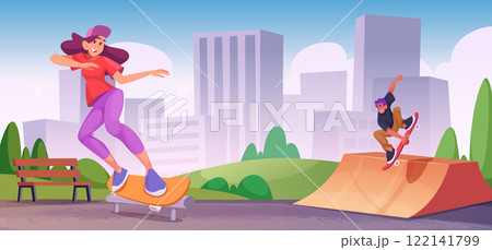 Skateboarding. Urban park for skateboarders exact vector teenagers in action poses making tricks on skateboarders 122141799