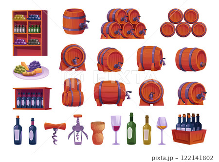 Wine industry. Alcohol production tools wine alcohol tank storage bottles barrels exact vector cartoon set Wine industry. Alcohol production tools wine alcohol tank storage bottles barrels exact vector cartoon set 122141802