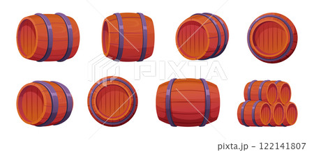 Barrel. Wooden containers for wine water or honey storage exact vector wooden wine barrel different viewpoints illustrations in cartoon style Barrel. Wooden containers for wine water or honey storage exact vector wooden wine barrel different viewpoints illustrations in cartoon style 122141807