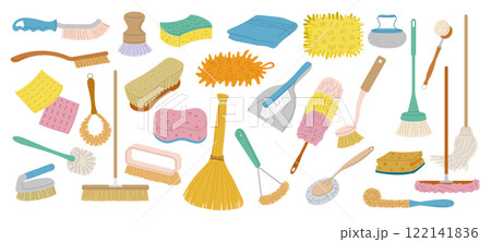 Cleaning tools. Sponge mops and brushes recent vector cartoon stylized illustrations 122141836