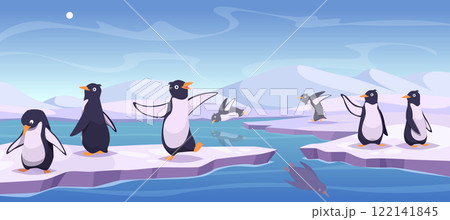 Penguins. Arctic background polar pole with wild happy animals exact vector penguins 122141845
