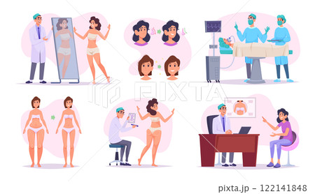 Plastic surgery. Conceptual set of body cosmetic medical renovation stages exact vector cartoon set Plastic surgery. Conceptual set of body cosmetic medical renovation stages exact vector cartoon set 122141848