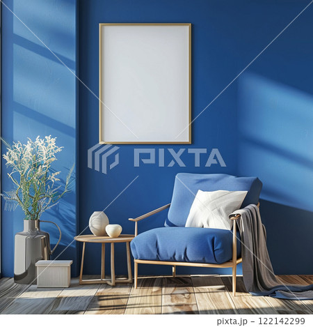 Mockup artist canvas in vertical format on blue background. format front view. Frame for design 122142299