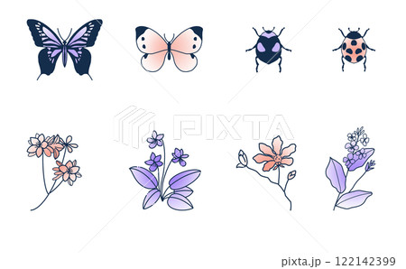春の花と昆虫の線画セット カラー 122142399