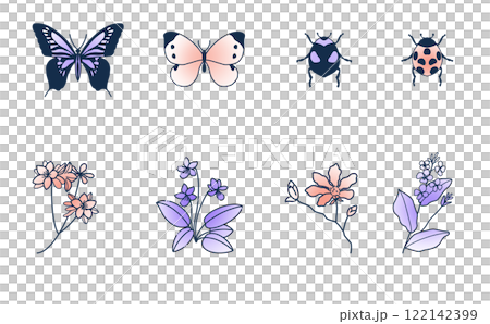春の花と昆虫の線画セット カラー 122142399