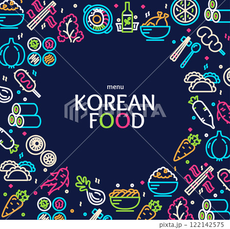 Korean Food Sign Round Design Frame Template Thin Line Icon Banner. Vector 122142575