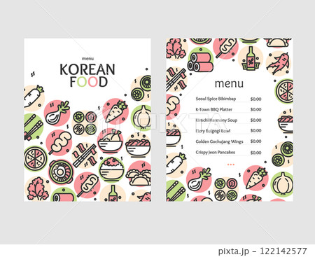 Korean Food Menu Card Template Set with Thin Line Icons. Vector 122142577