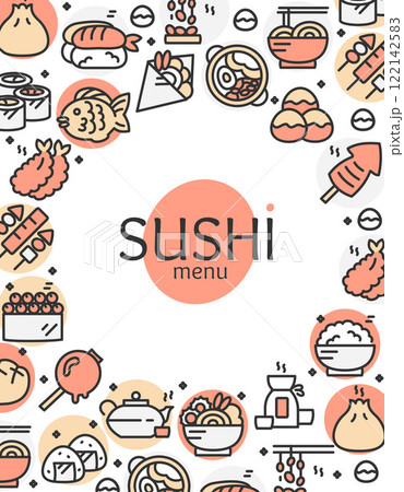 Japan Food Concept Sushi Menu Banner Card Template with Thin Line Icons. Vector 122142583