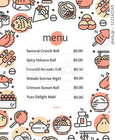 Japan Food Selection Card Concept Sushi Menu Banner Template with Thin Line Icons. Vector Japan Food Selection Card Concept Sushi Menu Banner Template with Thin Line Icons. Vector 122142585
