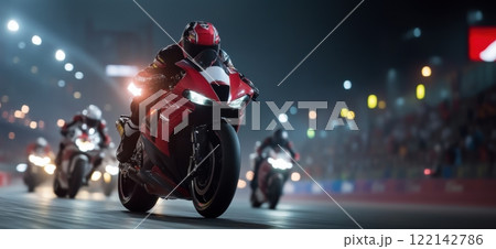 Motorcyclists in full gear competing under bright stadium lights during high-speed nighttime race, showcasing motorsport precision and intensity. 122142786