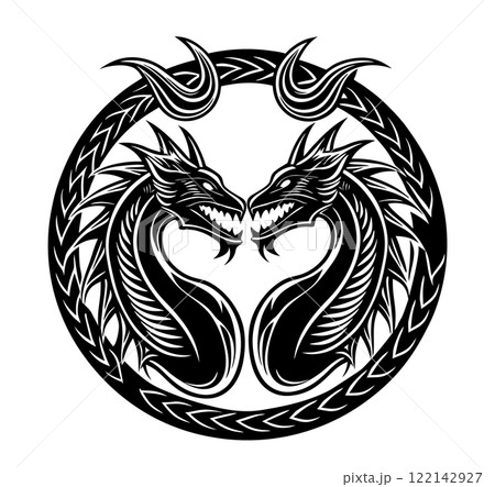 tribal silhouette of Dragons in circle 122142927