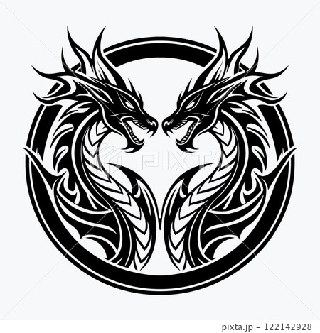 tribal silhouette of Dragons in circle 122142928