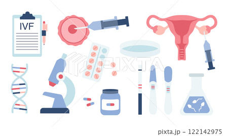 In vitro fertilization IVF set elements in cartoon flat style. Medical tests, egg, uterus. DNA and sperm analysis. Pregnancy and ovulation test. Vector illustration 122142975