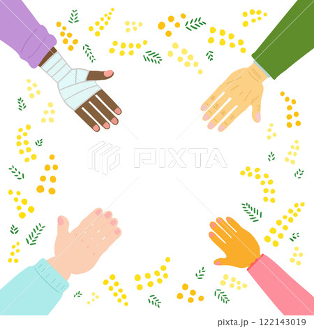 いろいろな人の手とミモザ 122143019