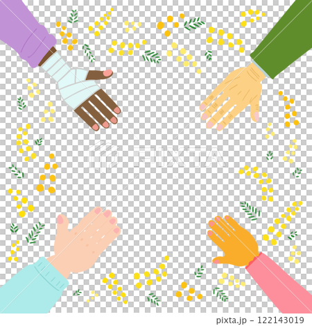 いろいろな人の手とミモザ 122143019