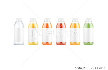Blank 16 oz plastic bottle with different juice mockup, front view 122143053