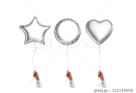Hand holding blank silver star, round and heart balloon mockup 122143058
