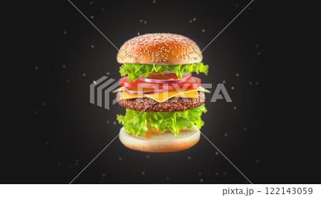 Blank beef hamburger with cheese mockup no gravity, black background Blank beef hamburger with cheese mockup no gravity, black background 122143059