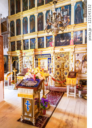 Interior of the orthodox church of St. Nicholas at the Izborsk fortress. Pskov region, Russia Interior of the orthodox church of St. Nicholas at the Izborsk fortress. Pskov region, Russia 122143132