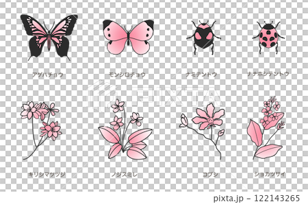 春の花と昆虫の線画セット カラー 122143265
